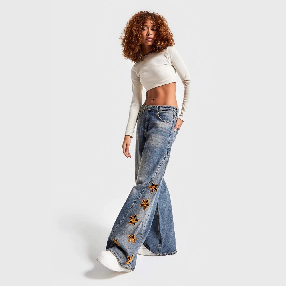 ZARA Women High Waist Loose Embroidered Jeans Fashion Denim Long Pants